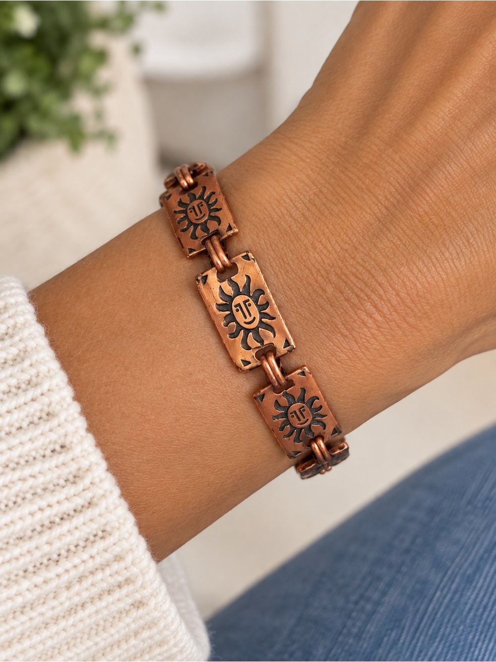 Vintage Southwestern Solid Copper Sunface Panel Link Bracelet Fold-Over Clasp